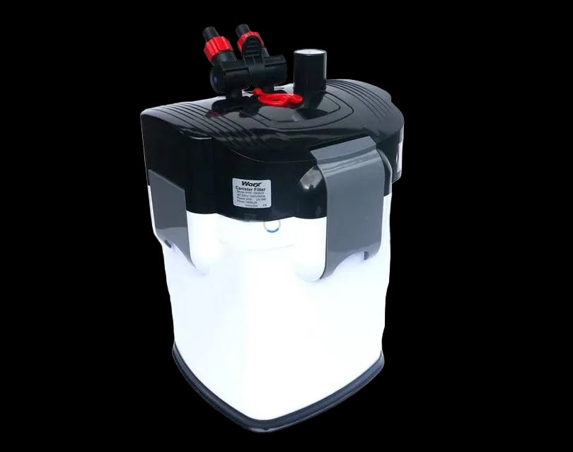 Black and white aquarium filter with red and black connectors on a white background